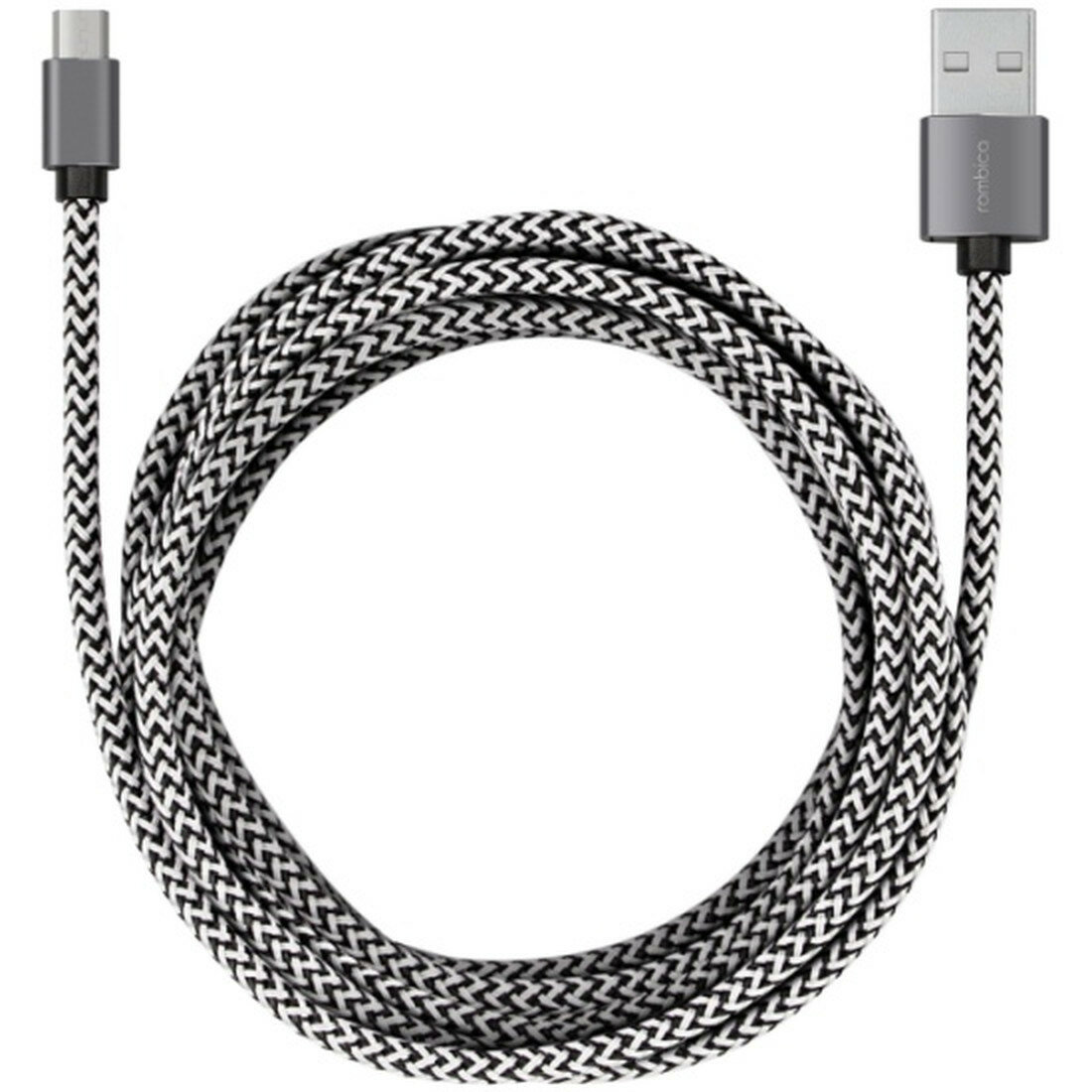 Кабель Rombica Digital AB-04 XXL, USB - micro USB, текстиль, 3м, черно-белый