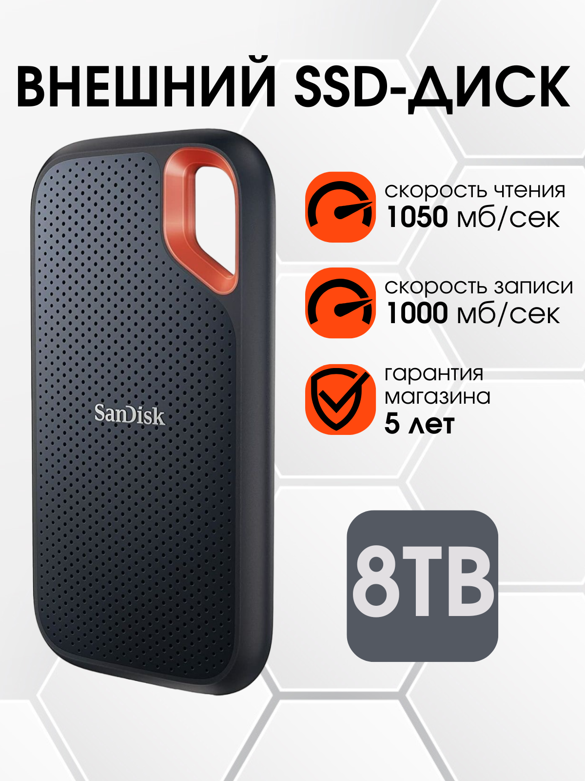 8 ТБ Внешний SSD SanDisk Extreme Portable 1050 МБ/сек USB-C, USB 3.2 Gen 2 (SSDSSDE61-8T00-G25)