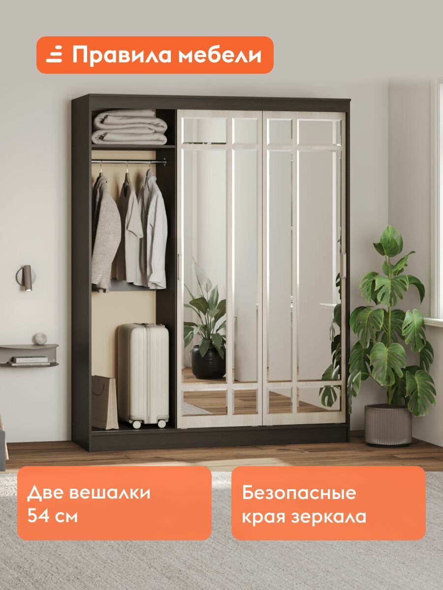 Шкаф-купе для одежды Астон с зеркалом, с ящиками, продольная штанга, 170х60х220 см, Венге / Лоредо — фото 1