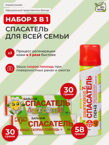 Изображение товара Набор спасатель семейный: пантенол 7% спрей мини-формат (58 г.), ранозаживляющий бальзам (30 г.), детский крем (30 г.)