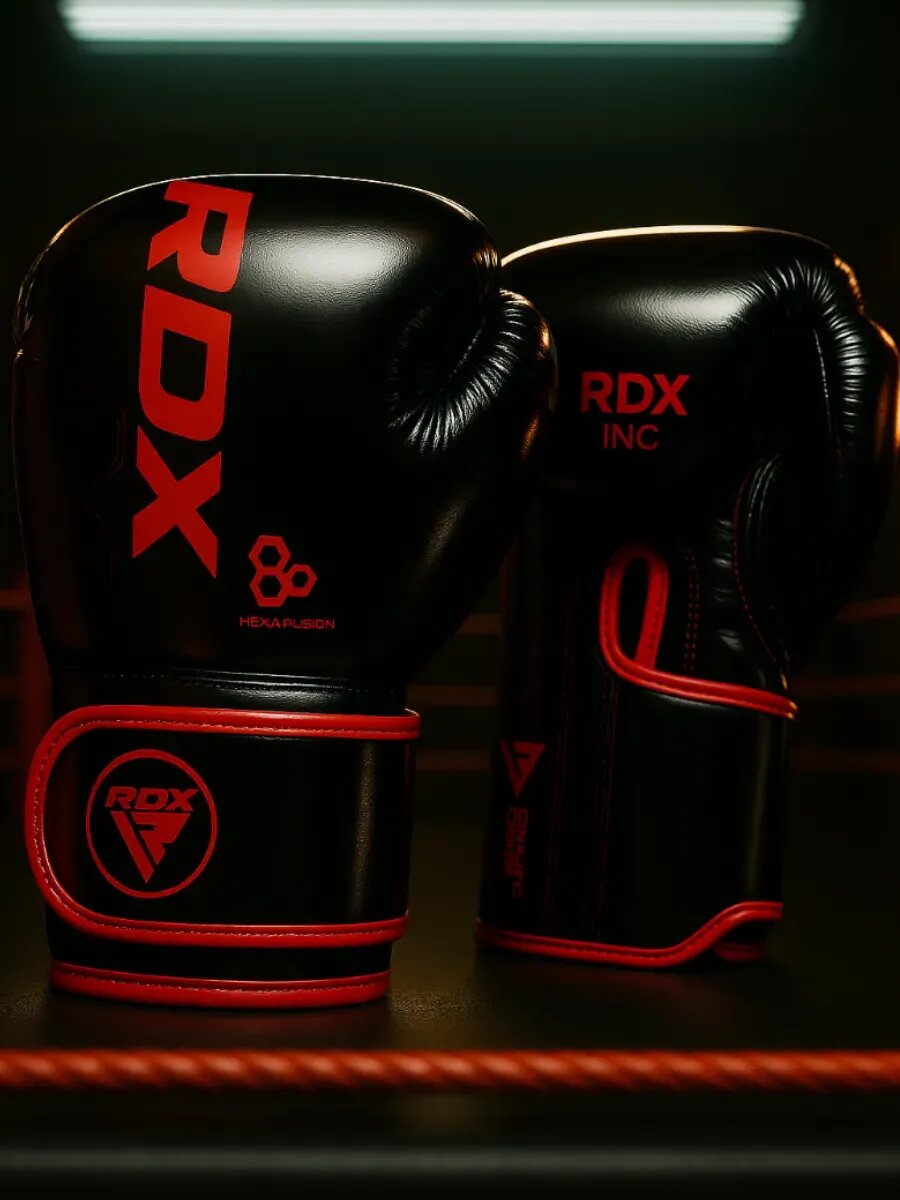 Боксерские перчатки RDX F6 Kara, искусственная кожа Maya Hide, наполнитель Max-Shock TM, черные/красные, 8 унций
