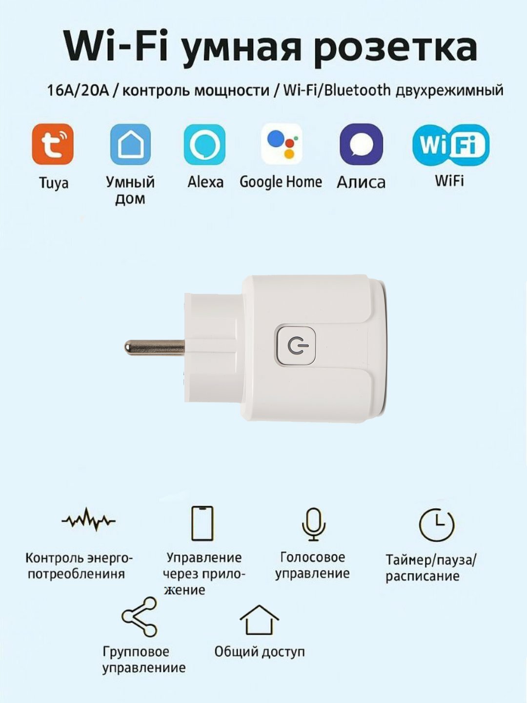 Умная розетка, Wi-Fi подключение, 16 A, голосовое управление, белый