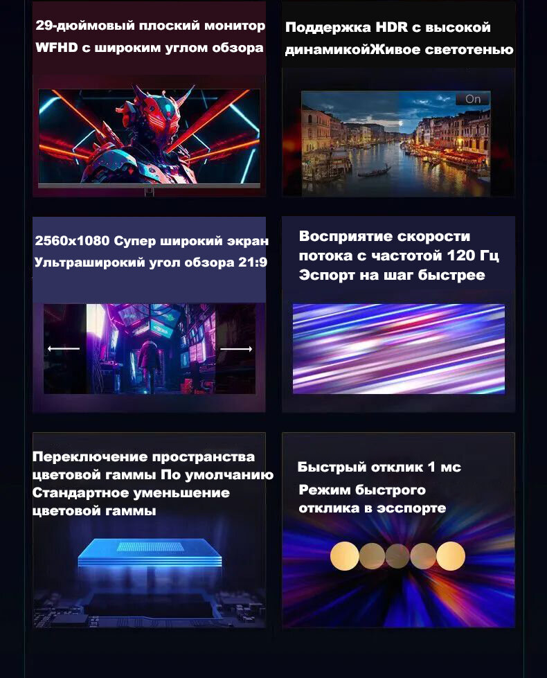 FYHXele 29-дюймовый игровой монитор 2560*1080 QHD 120 Гц IPS-дисплей 350 кд/м Время отклика 1 мс AMD FREESYNC HDMI/DP — фото 1
