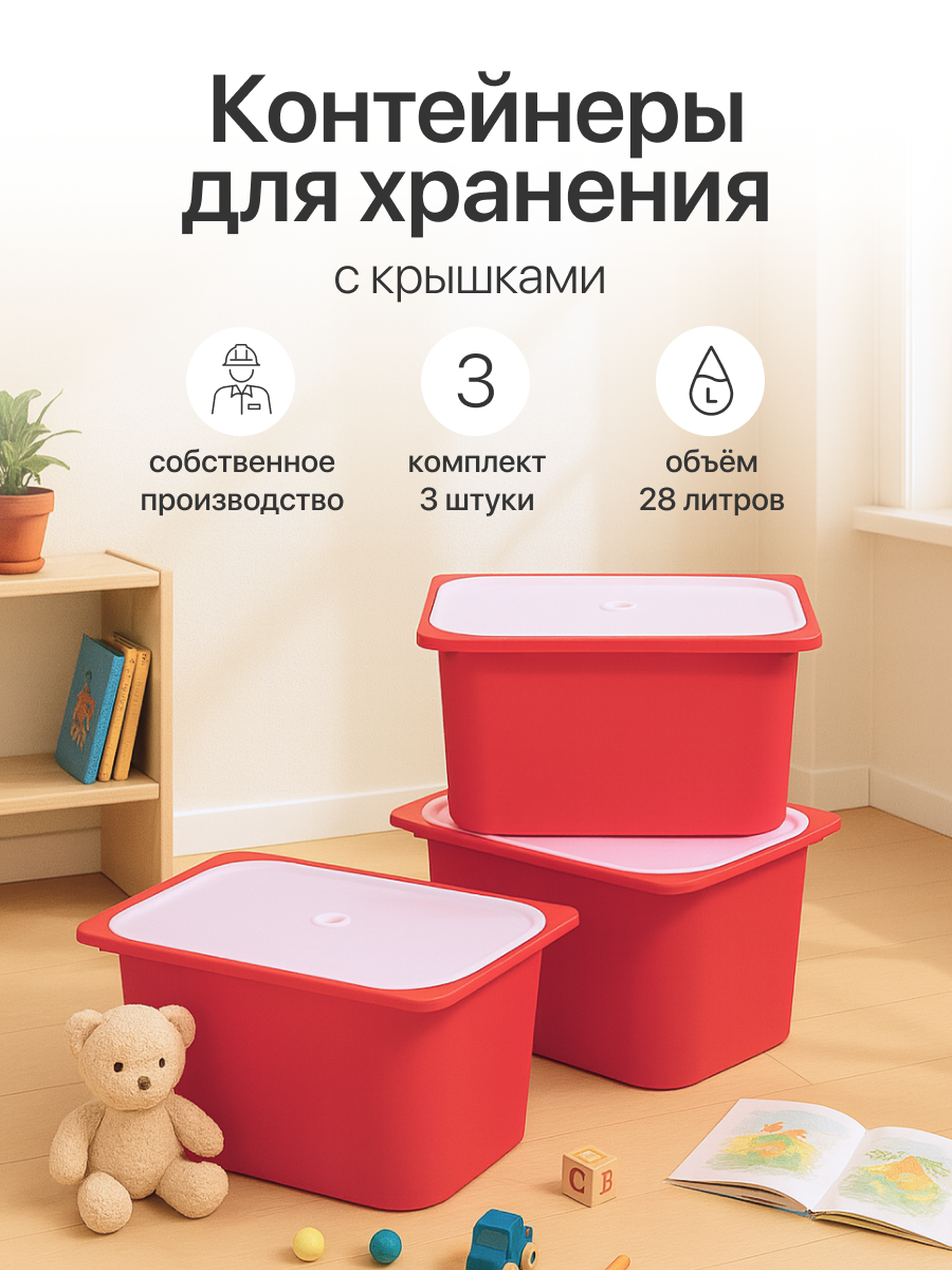 Контейнер для хранения с крышкой 28л ящик для хранения пластиковый красный 3 штуки