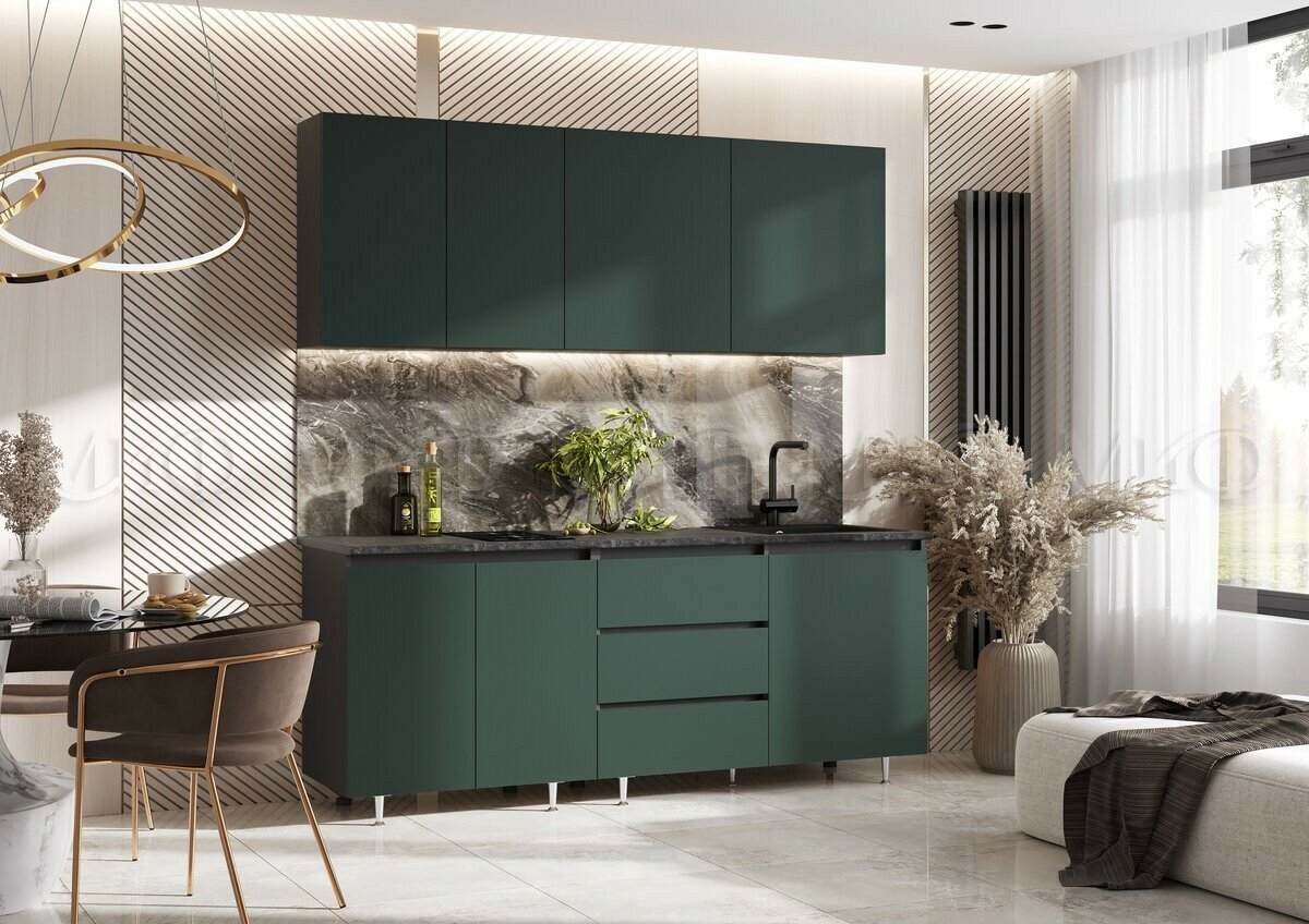 Кухня 2 метра прямая Миф Челси 20м Компоновка №2 цвет Изумрудный графит столешница Кастилло