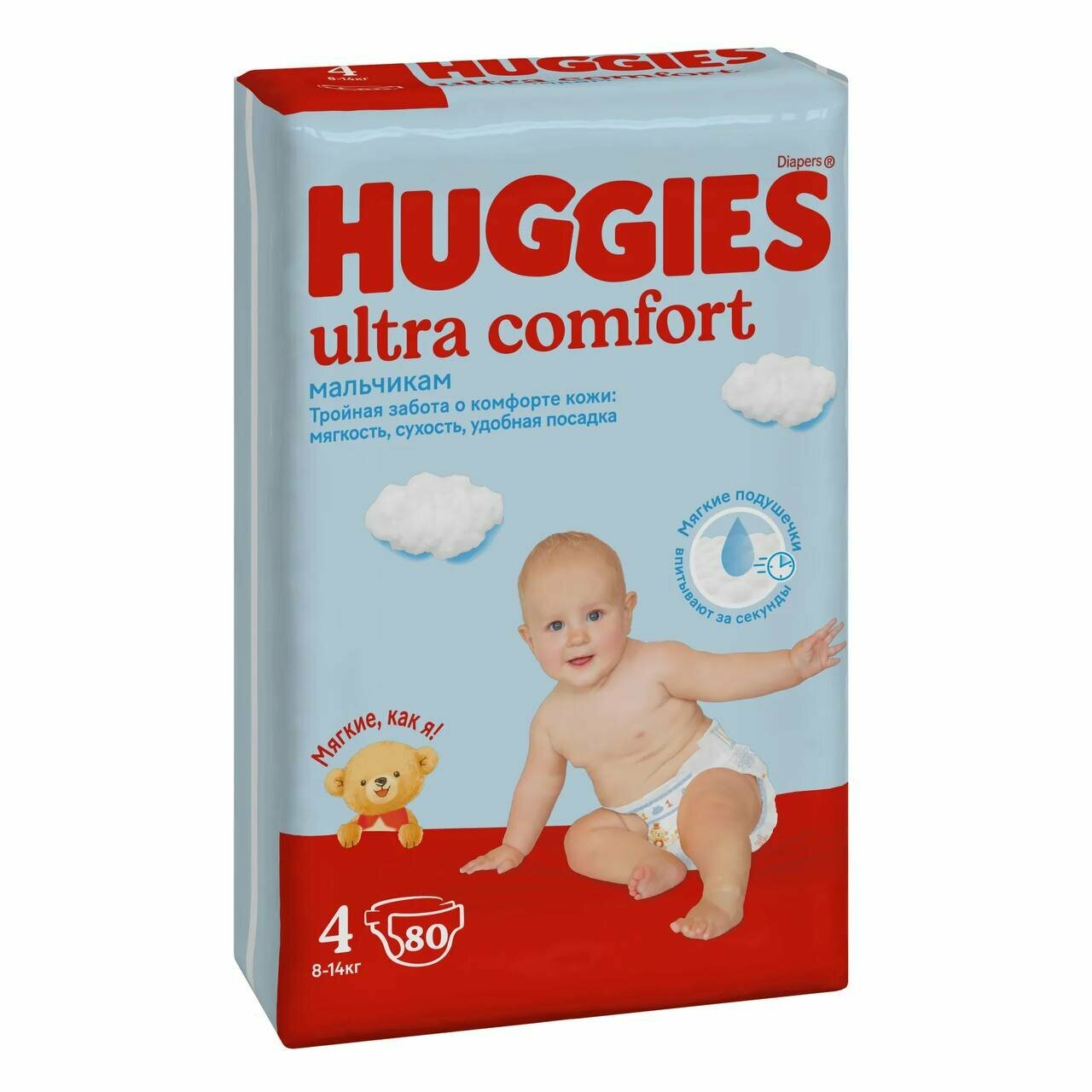 Подгузники Huggies Ultra Comfort для мальчиков с липучкой, 4, 80 штук, 8-14 кг