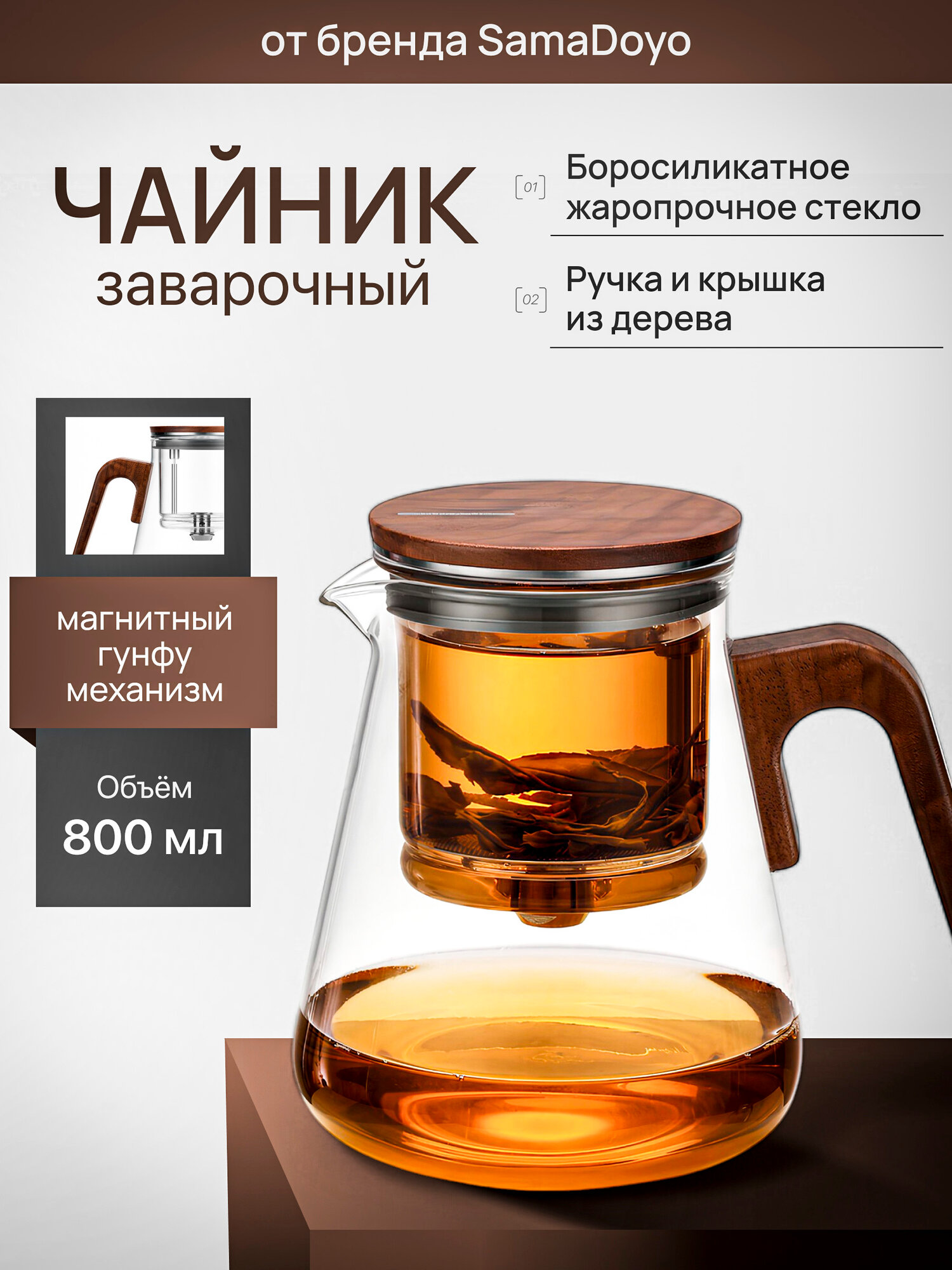 Чайник заварочный гунфу типот SamaDoyo Bonston Premium из боросиликатного стекла, 800 мл