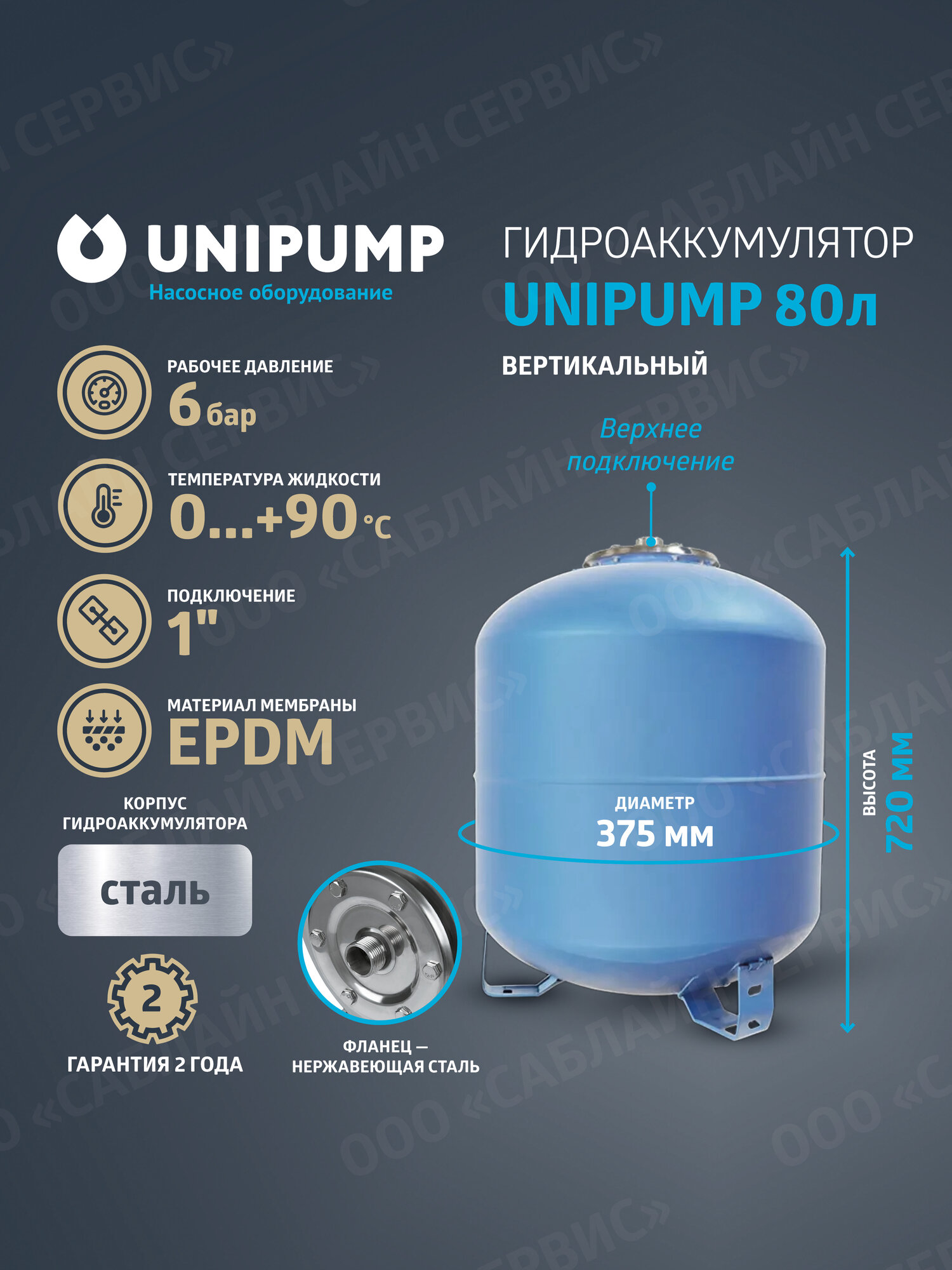 Вертикальный гидроаккумулятор 80л. фланец нержавеющая сталь