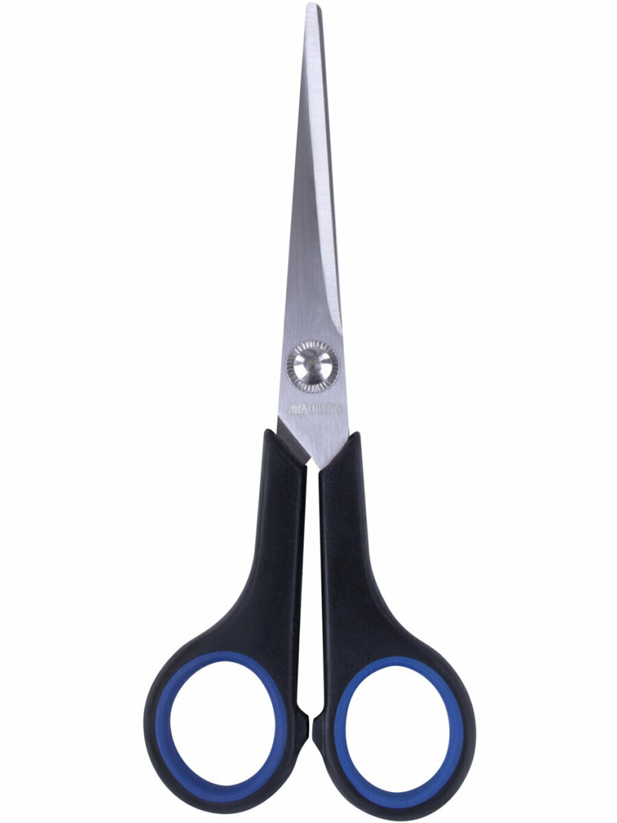 Ножницы канцелярские универсальные для бумаги и картона Brauberg Soft Grip, 165 мм, черно-синие, резиновые вставки, 3-х сторонняя заточка, 230761 — фото 1