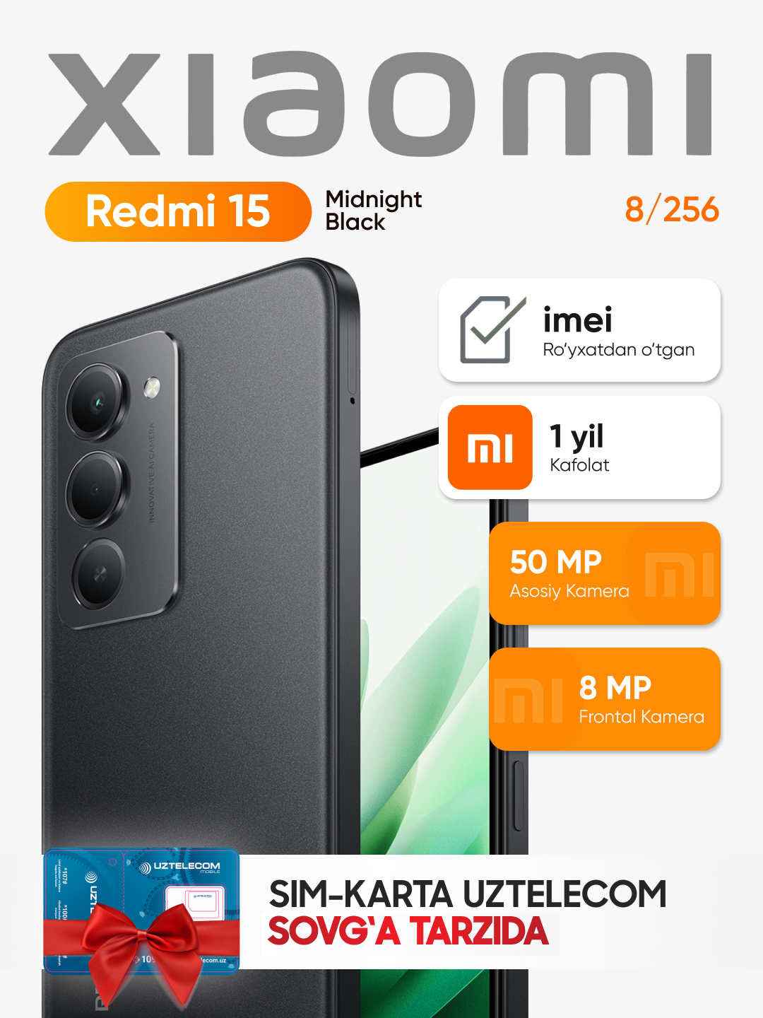 Смартфон Xiaomi Redmi 15 6.9″, 144 Гц, Snapdragon 6s Gen 3, 7000 мА·ч, 50 Мп, NFC, Android 15, 8/256GB