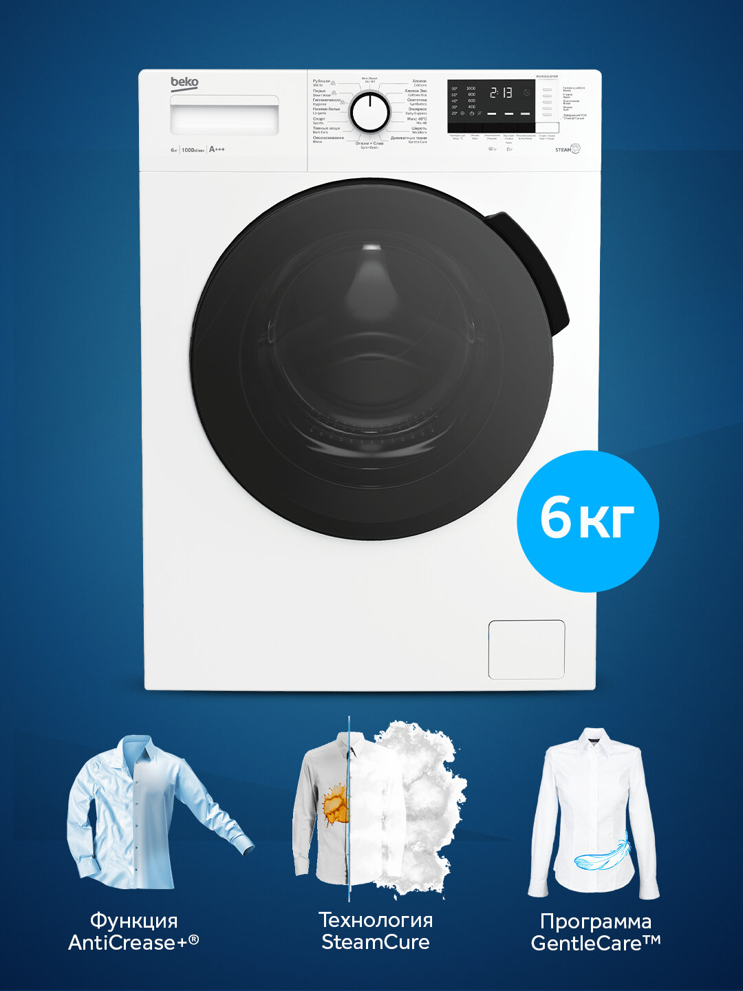 Стиральная машина Beko SteamCure WSRE6512PRW, 6кг, 62дБА, 1000 об/мин