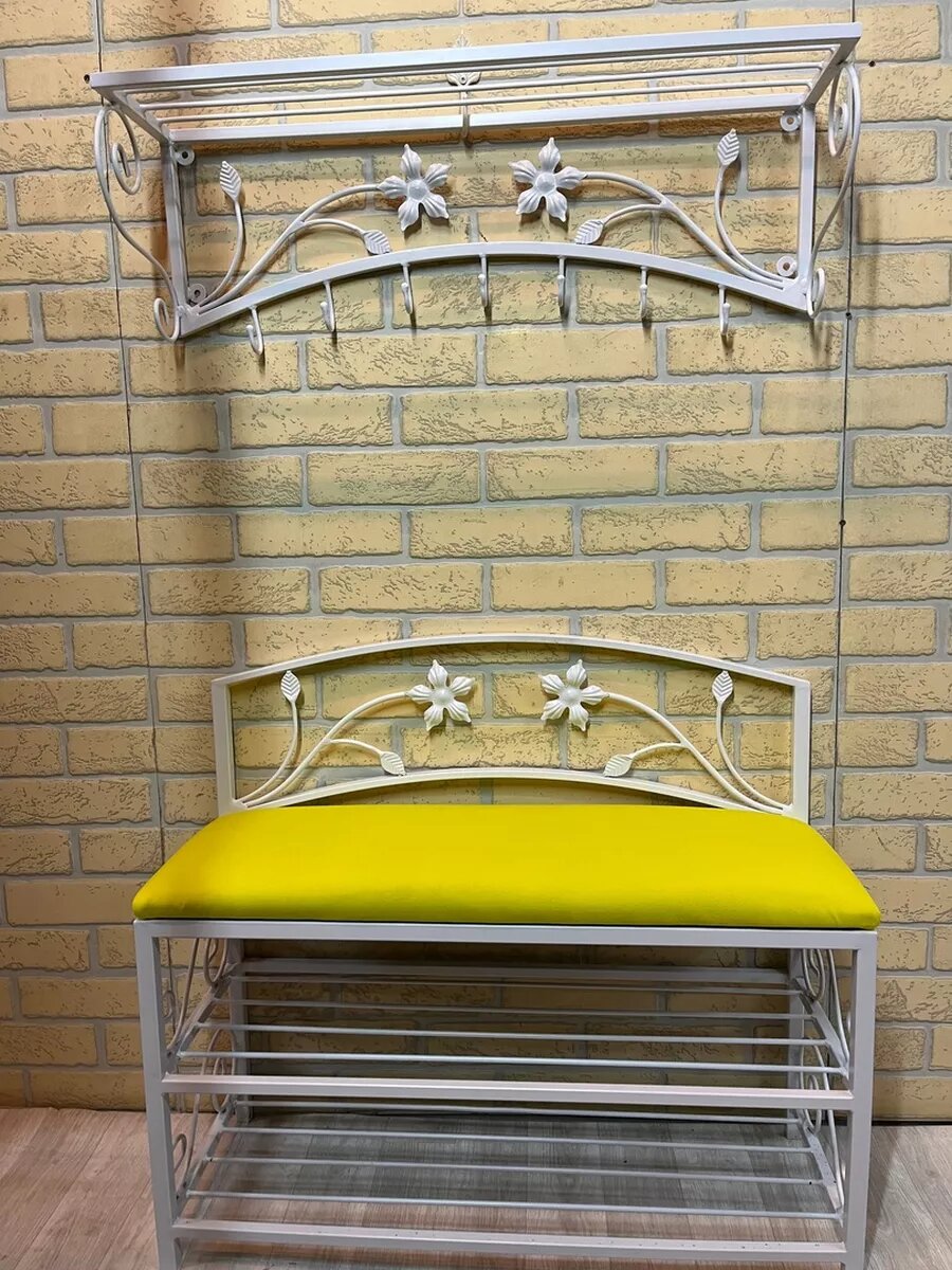 Кованая прихожая, вешалка + банкетка, Студия кованой мебели Нива, цвет желтый бархат — фото 1