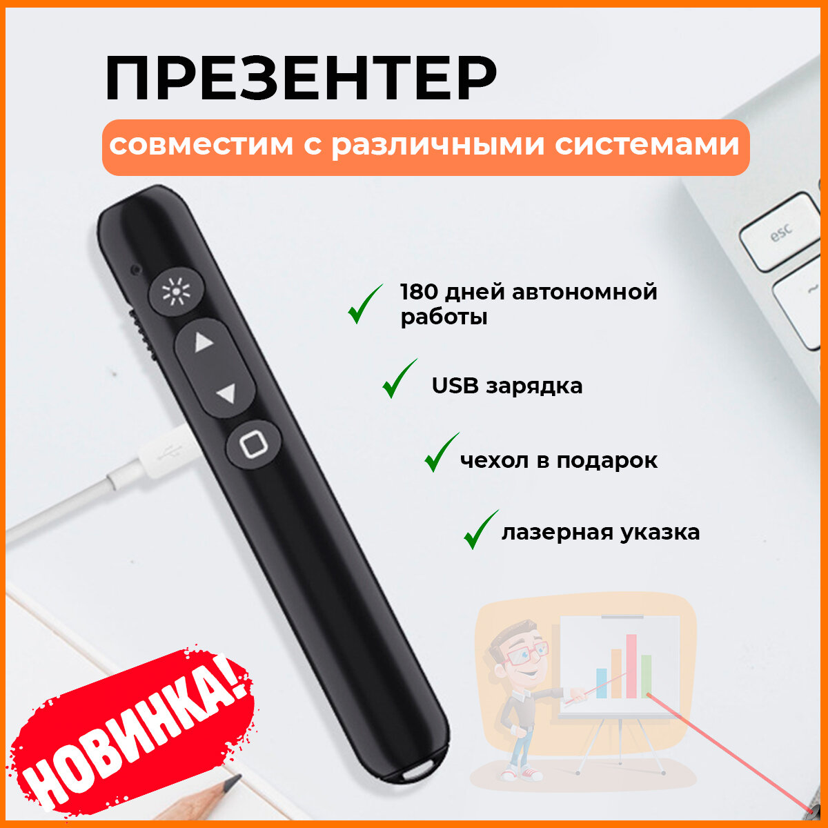 Презентер для презентаций ExspressE USB пластиковый с лазерной указкой с чехлом