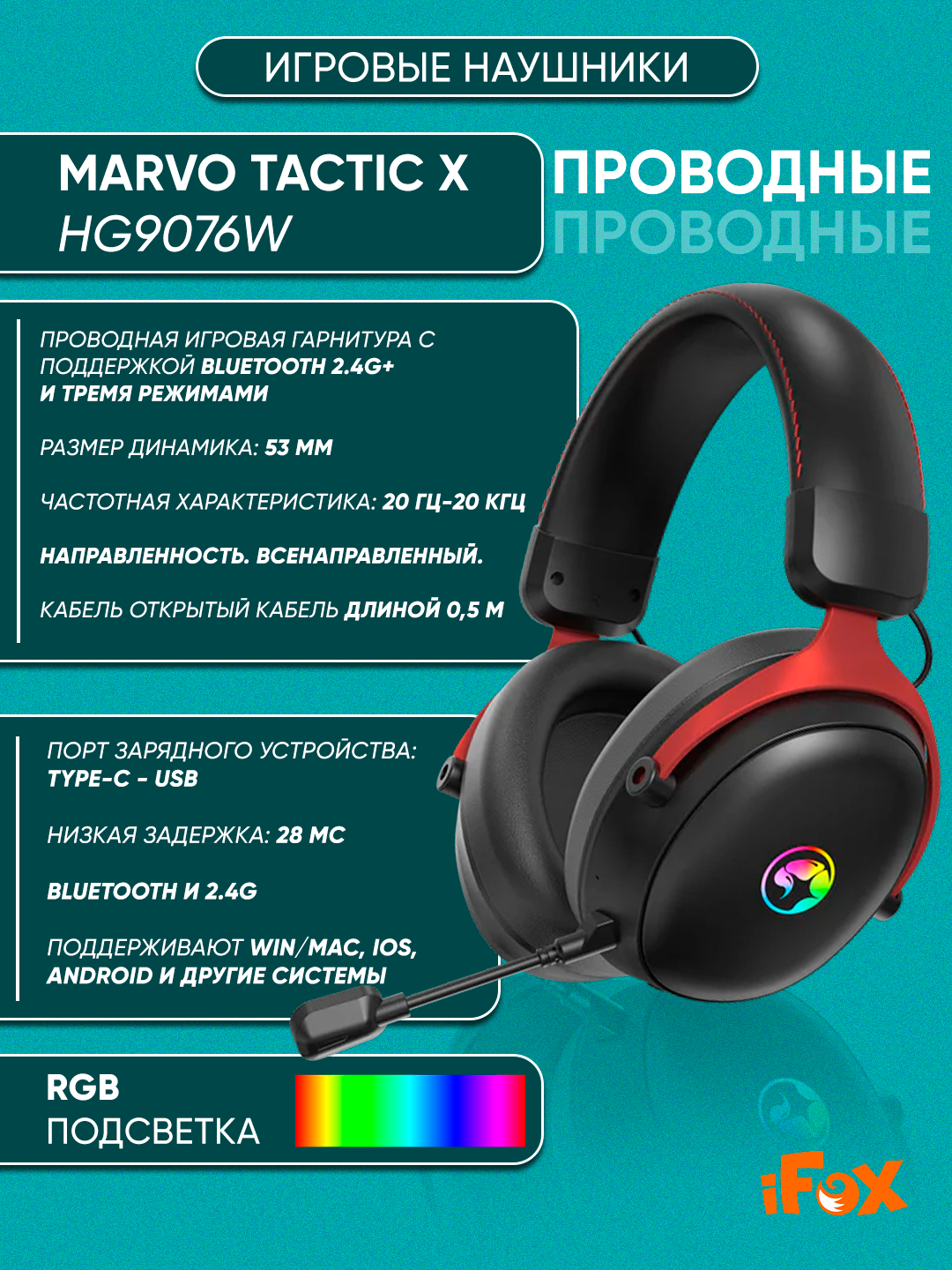 Игровая гарнитура MARVO Tactic X Pro HG9076W 2.4ГГц, Bluetooth