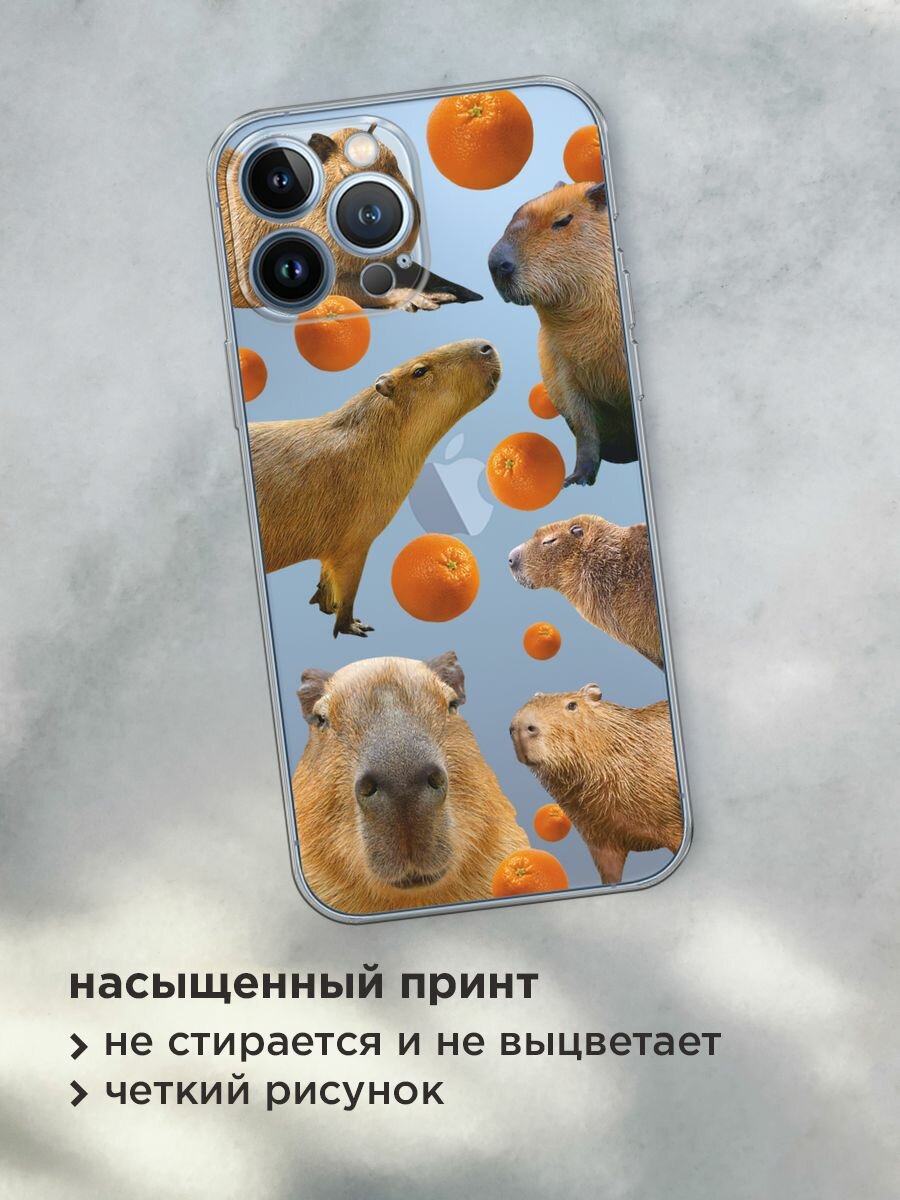 Чехол на Apple iPhone 13 Pro Max / Айфон 13 Про Макс с принтом "Капибара и апельсины", прозрачный — фото 1