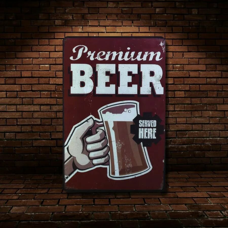 Табличка на стену металлическая декоративная PREMIUM BEER винтаж 20х30 см