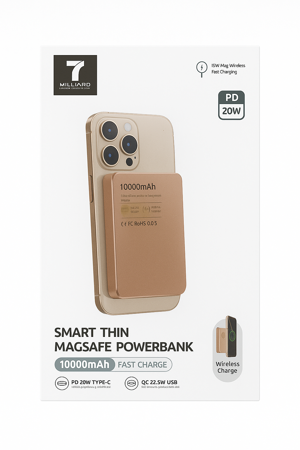 7 Billiard MagSafe Powerbank — 10000 мА·ч, 20 Вт PD, беспроводная, магнитный внешний аккумулятор (золотистый цвет)