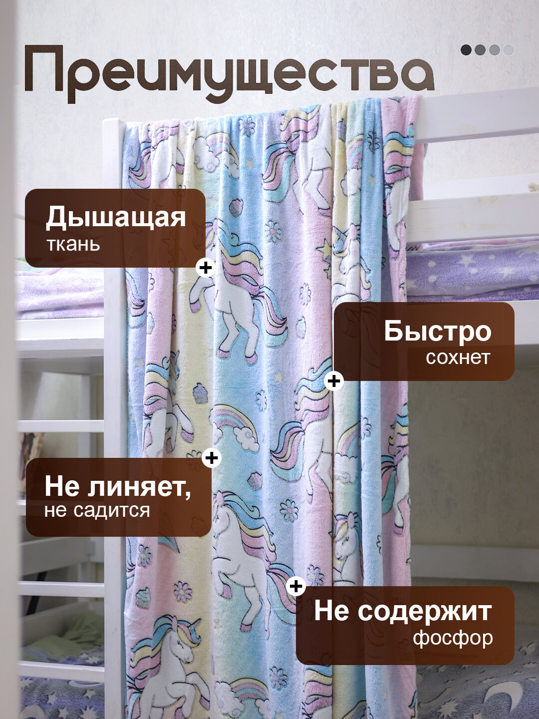 Светящийся плед в темноте, велсофт, мягкий , размер 150x180, единорог — фото 1