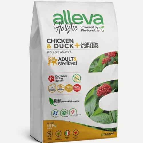 Изображение товара Корм сухой Alleva Holistic для взрослых кошек с курицей и уткой, алое вера и женьшенем 1,5 кг