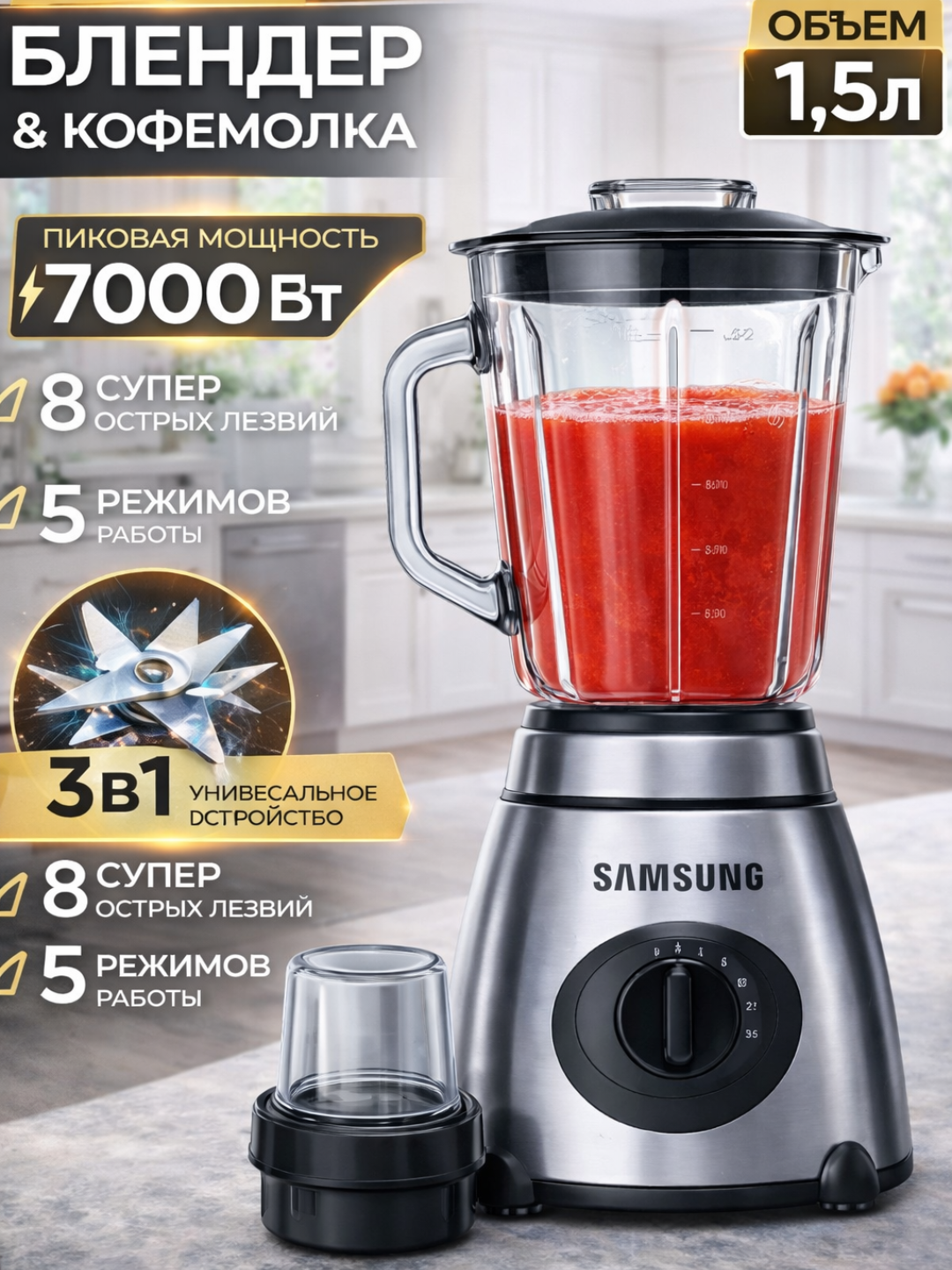 Блендер стационарный для коктейлей, кофемолка, измельчитель для приправ, 1.5 литра