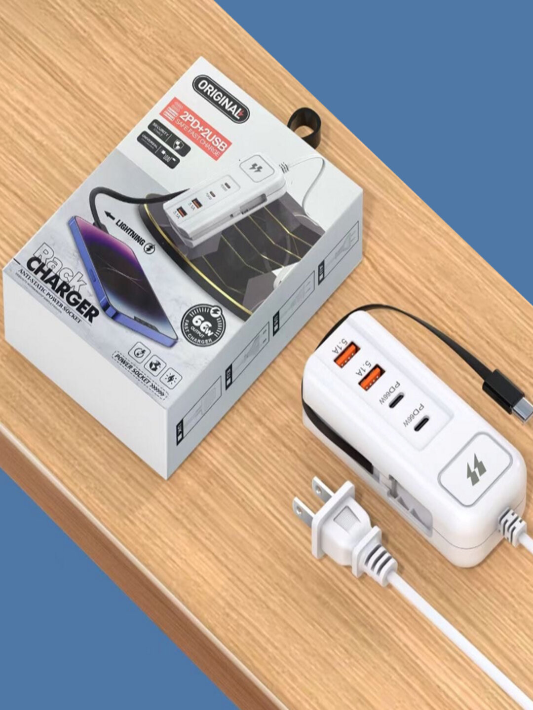 Блок питания с 2 портами PD + 2 портами USB/многопортовой быстрой зарядкой мощностью 60 Вт.