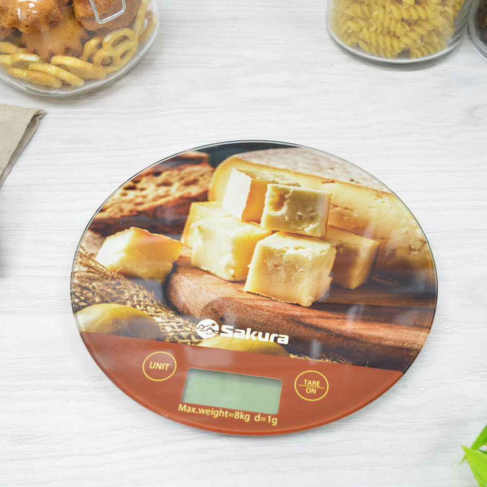 Весы кухонные электронные Sakura SA-6076, до 8 кг, стеклянные, рисунок «Сыр», точность 1 г