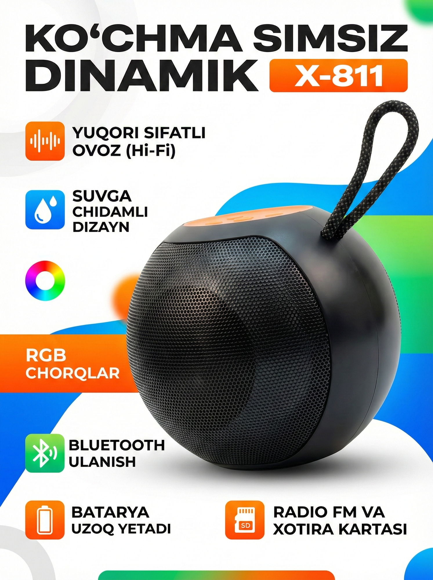 Портативная Bluetooth колонка KALONKA X-811, мощный стереозвук, черный