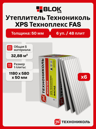 Изображение товара Технониколь XPS Техноплекс FAS 50 мм ( 6 уп. / 32.85 м2 / 48 шт) утеплитель из пенополистирола для фасада, стен, цоколя