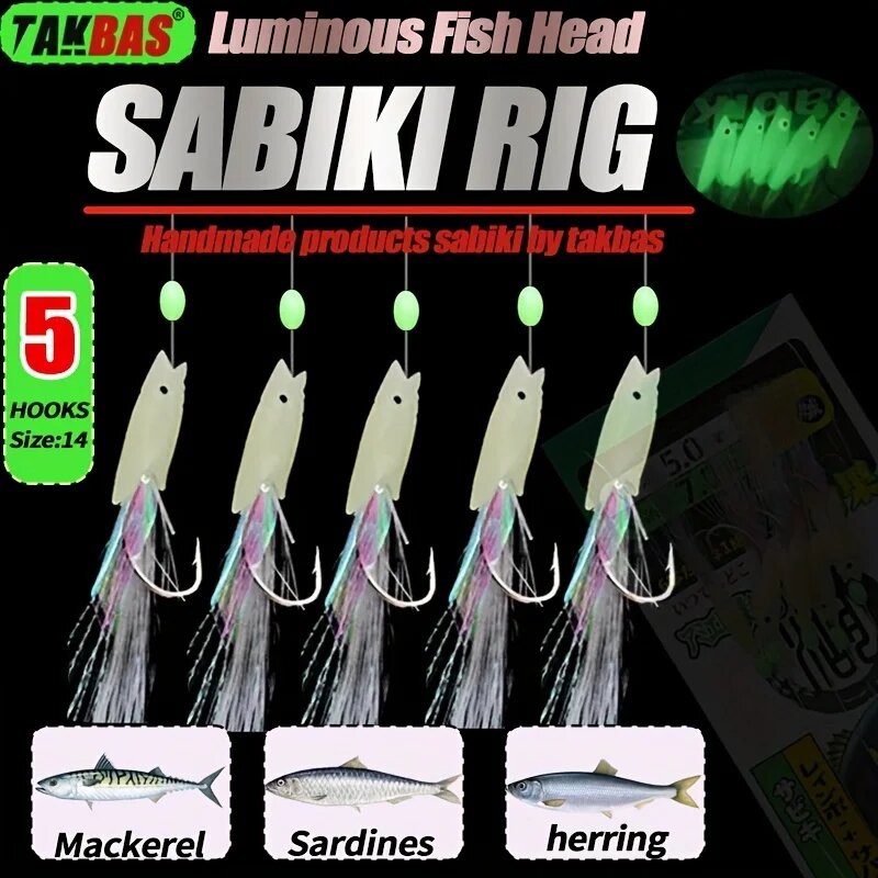 TAKBAS Sabiki Rig, 5 крючков Size 14, светящийся