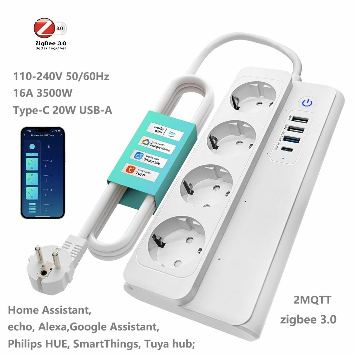 Удлинитель бытовой zigbee 3.0 power strip 220V 16A 3500W compatible with Home Assistant SmartThings 2MQTT