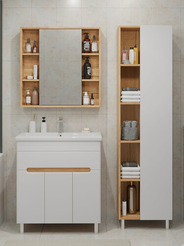 Изображение товара Шкаф напольно-подвесной SanStar Модена 50 с полками для ванной комнаты белый, дуб вотан