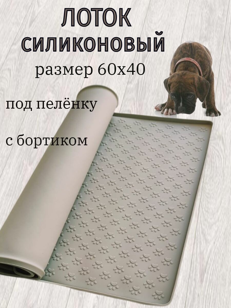 Лоток для собак под пеленку 40х60 коврик силиконовый с бортиком светло-серый