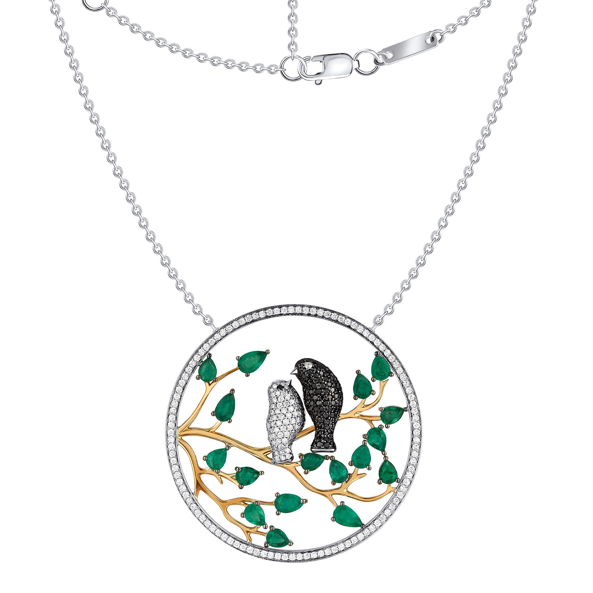 Колье, белое, комбинированное золото, 750 проба, родирование, золочение, изумруд, бриллиант