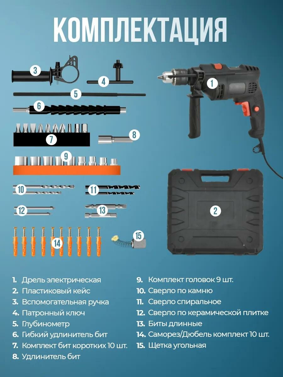 Дрель ударная электрическая сетевая, шуруповерт проводной мощный, SDS Plus, 3000 об/мин, 5000 уд/мин от сети — фото 1