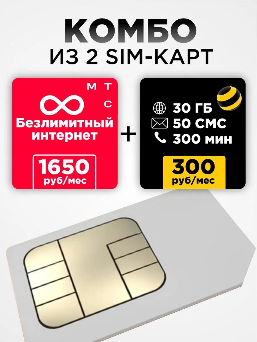 Комбо-симкарта МТС + Билайн, 3G/4G/5G, безлимитный интернет и минуты