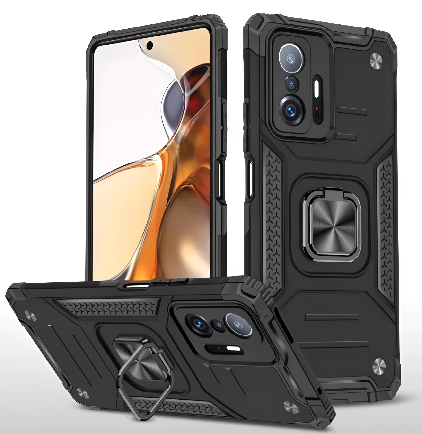 Противоударный чехол для Xiaomi 11T, 11T Pro черный с пластиной для магнитного автодержателя и кольцом подставкой