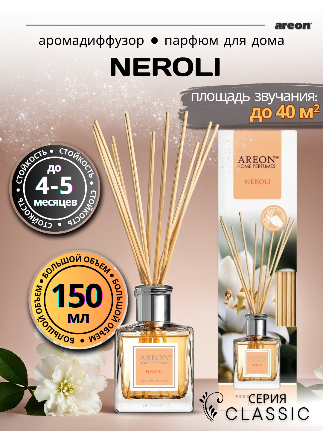 Ароматический диффузор Areon Classic, аромат Neroli, для дома/офиса/квартиры, с палочками, 150 мл