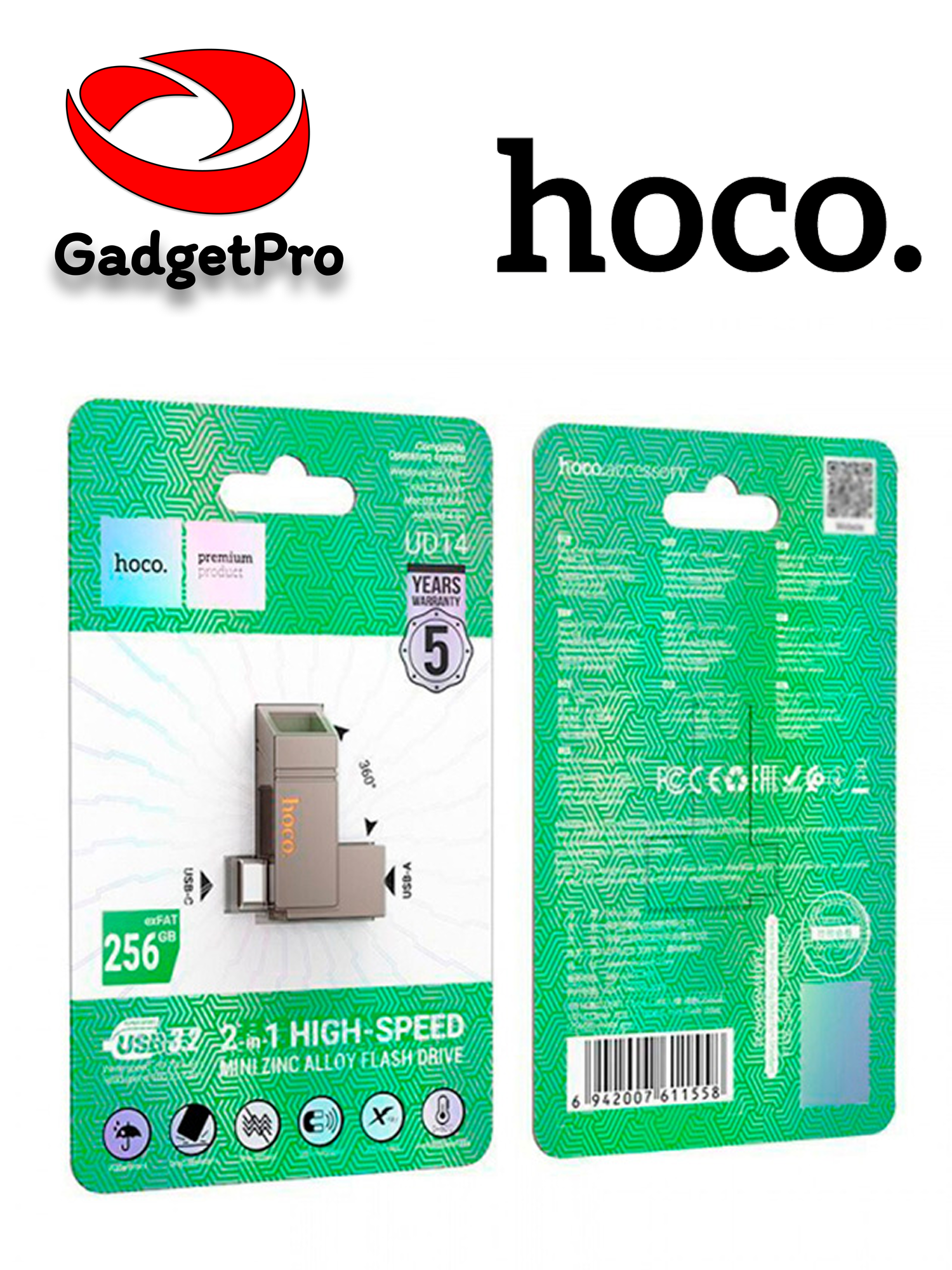 Флеш-накопитель Hoco UD14 Clever 256 ГБ USB 3.2 Type-C/USB-A, металл, серый — фото 1