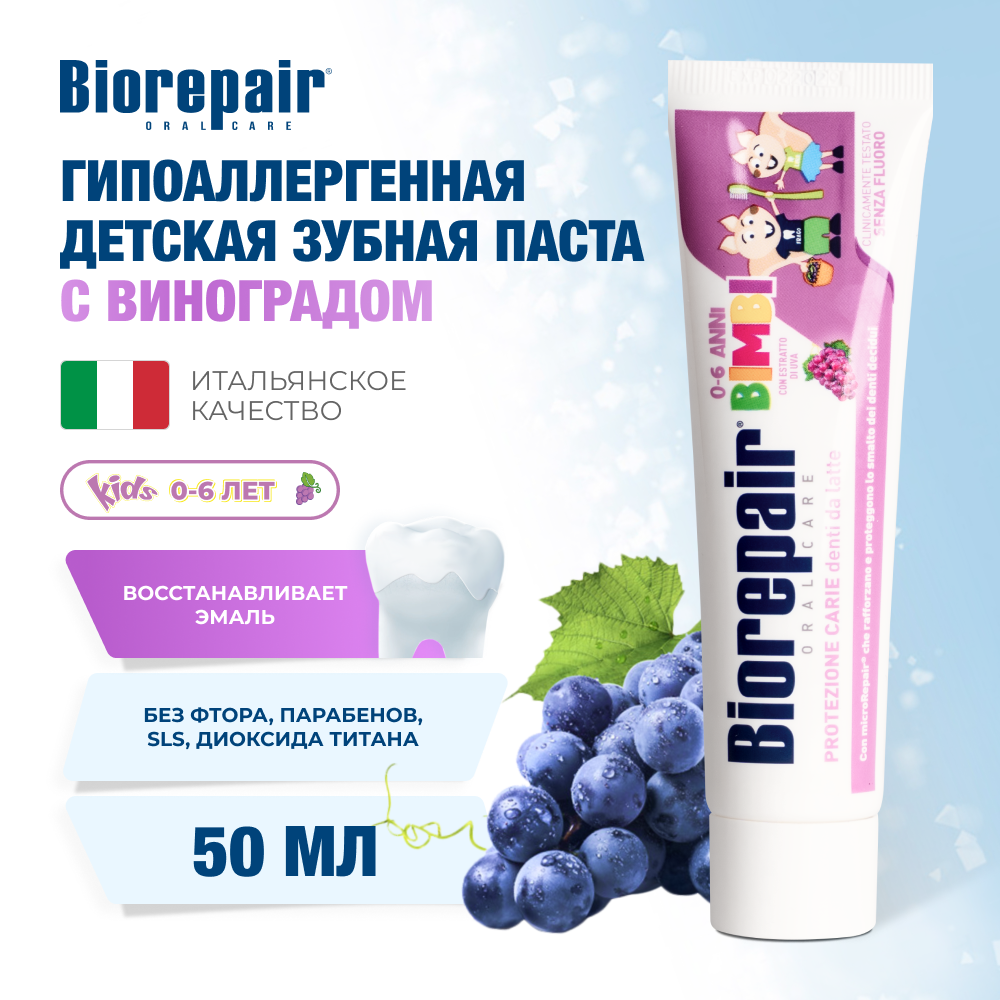 Зубная паста Biorepair Kids с экстрактом винограда для детей от 0 до 6 лет, 50 мл