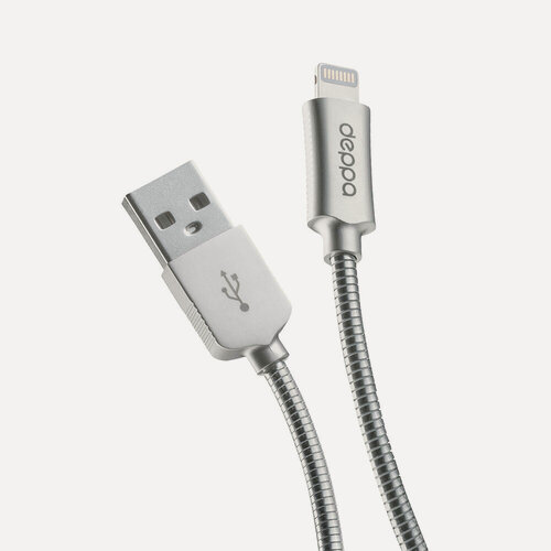 Изображение товара Кабель для зарядки смартфона Steel USB - Lightning, алюминий, MFI, 1.2м, стальной, Deppa 72272