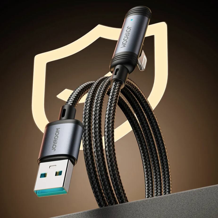 Угловой кабель для быстрой зарядки Joyroom USB-A — Lightning, 3 А, 1,2 м, чёрный