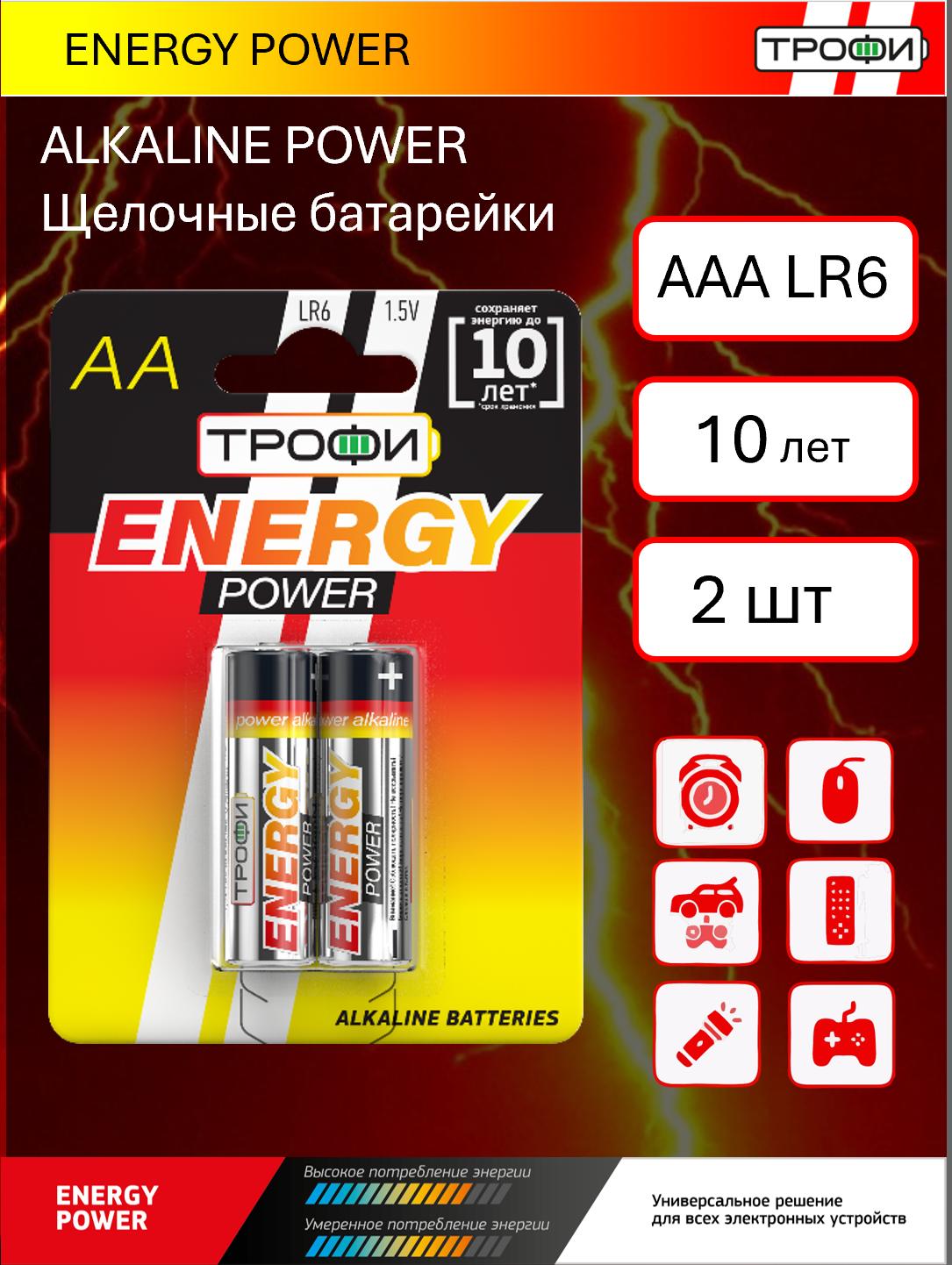 Батарейки Трофи POWER, щелочные, AA, 2 шт, блистерная упаковка — фото 1