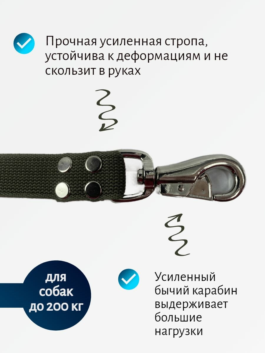 Поводок Хвостатыч для собак крупных пород с бычьим карабином 5 м х 35 мм брезент (зеленый) — фото 1