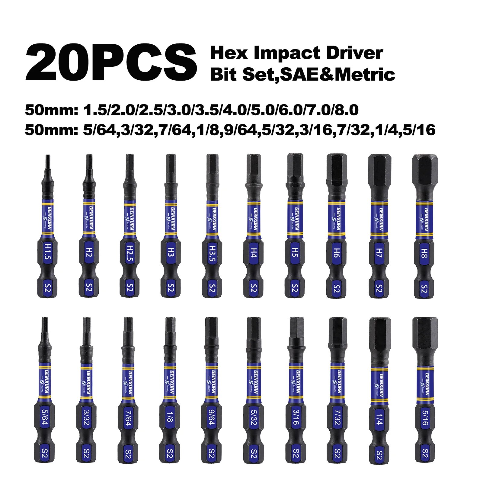 Geinxurn 2-дюймовый набор бит с шестигранной головкой из смешанной (метрической и SAE) набор бит для шестигранной отвертки из стали S2 с держателем бит 3/6 дюймов 20PCS