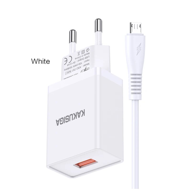 Сетевое зарядное устройство KAKUSIGA KSC-781 с Micro-USB кабелем, белое, быстрое
