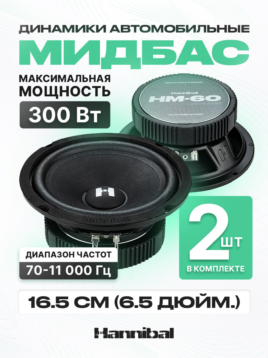 Динамики автомобильные Hannibal HM-60 Midbass /Колонки автомобильные 16,5см/ Мидбас / 2шт