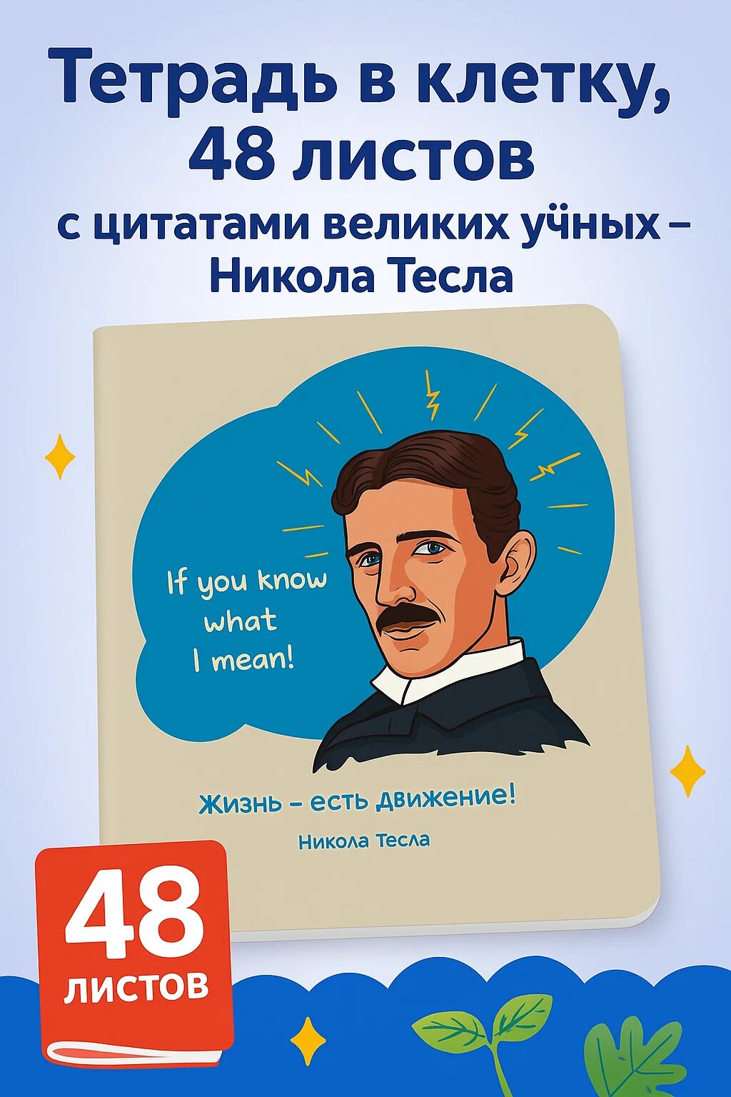 Тетрадь в клетку с цитатами великих учёных – Никола Тесла, 48 листов, креативная обложка