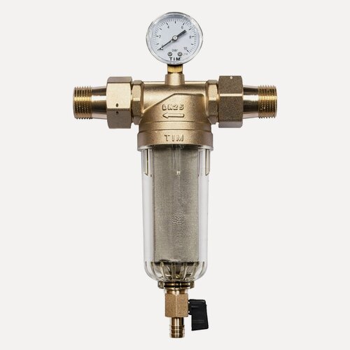Изображение товара Фильтр 1" самоочищающийся с манометром, американками и дренажем, стеклянная колба, TIM, JH-3002