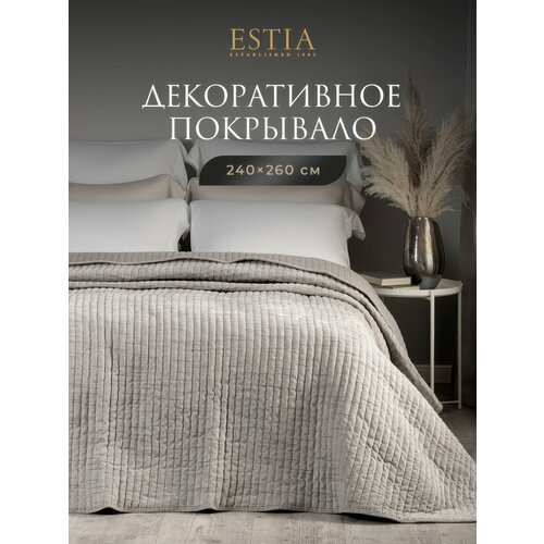 фото Estia покрывало на диван, на кровать евро "джиневра" стеганое, шенилловый бархат 240х260, светло-серое