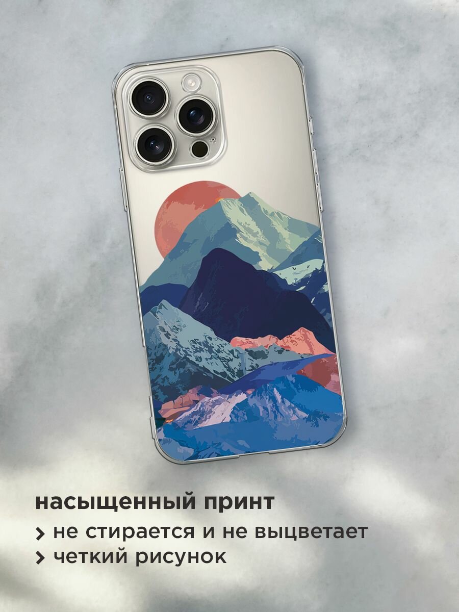 Чехол на Apple iPhone 16 Pro Max / Айфон 16 Про Макс с принтом "Закат в снежных горах", прозрачный — фото 1